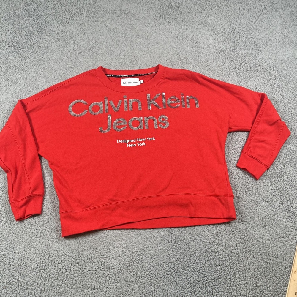 Calvin‎ Klein Jeans Sweatshirt Womens Medium Red Sequin Logo Crewneck Pullover